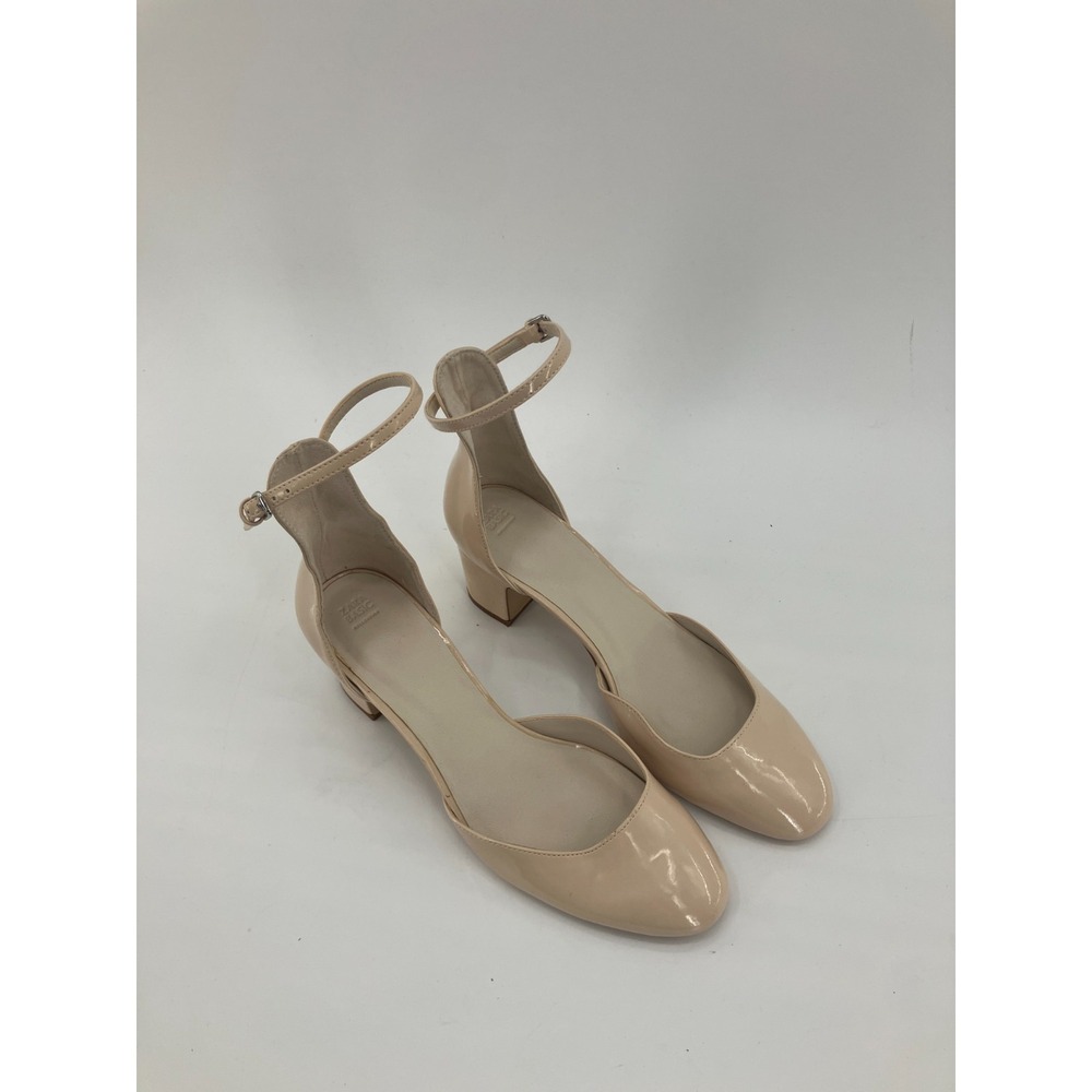 Zara Basic Collection Women 8.5 Pump Beige Patent Leather Block Heel Ankle Strap